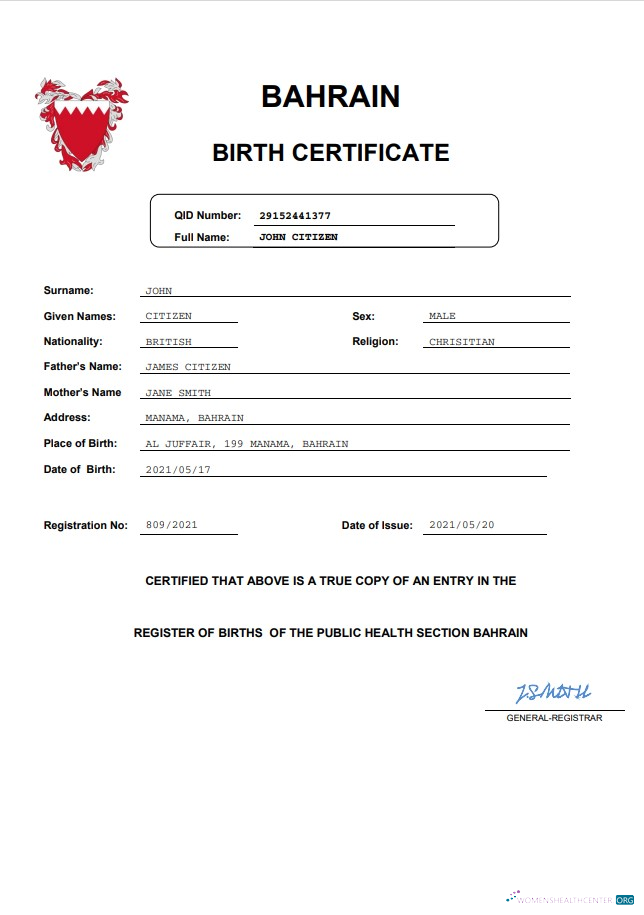 Download Bahrain vital record birth certificate Word and PDF Photoshop template